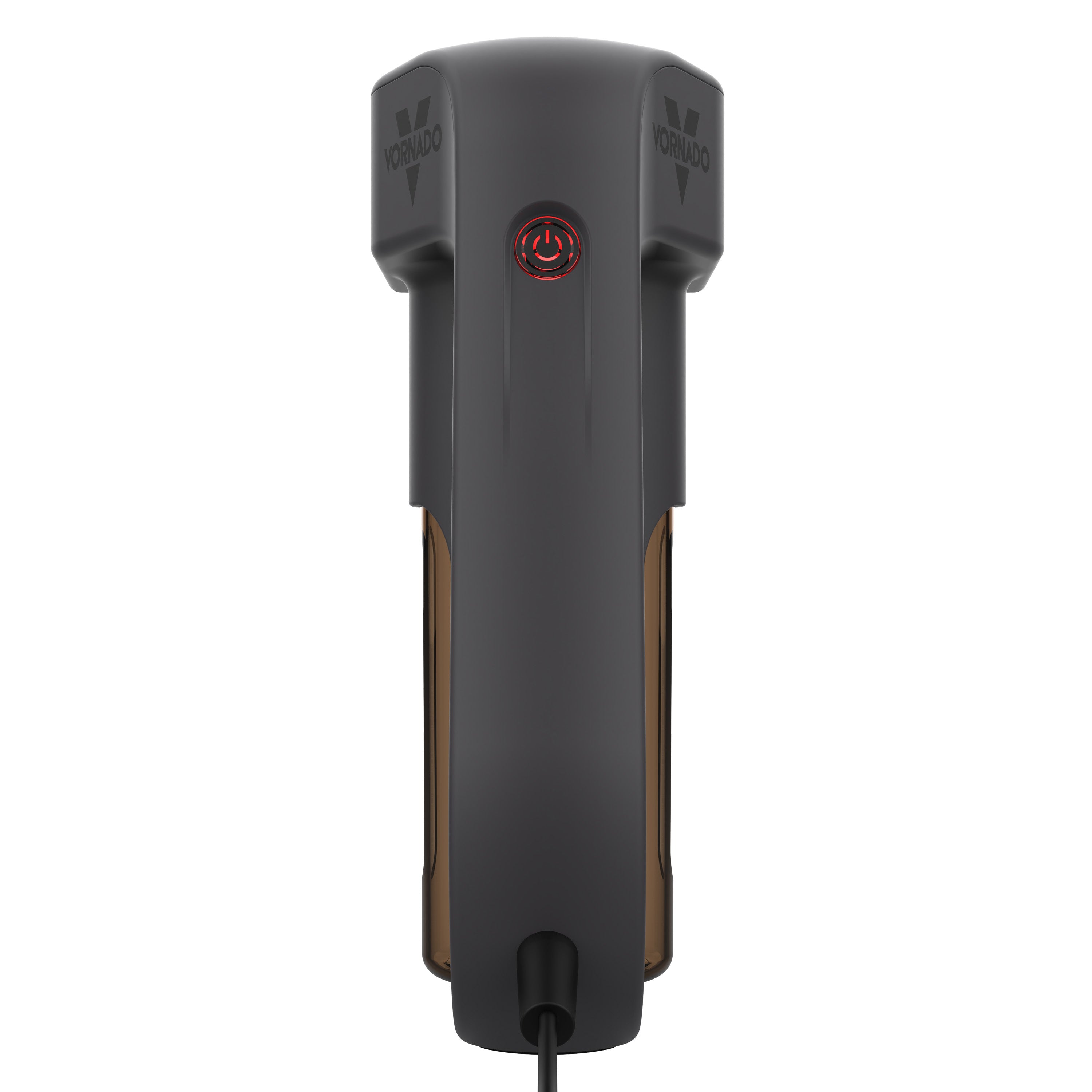 Black electronic device with a red light on a white background