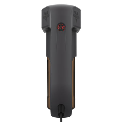 Black electronic device with a red light on a white background