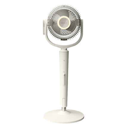 White oscillating pedestal fan on a white background