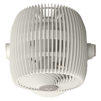 White oscillating pedestal fan on a white background