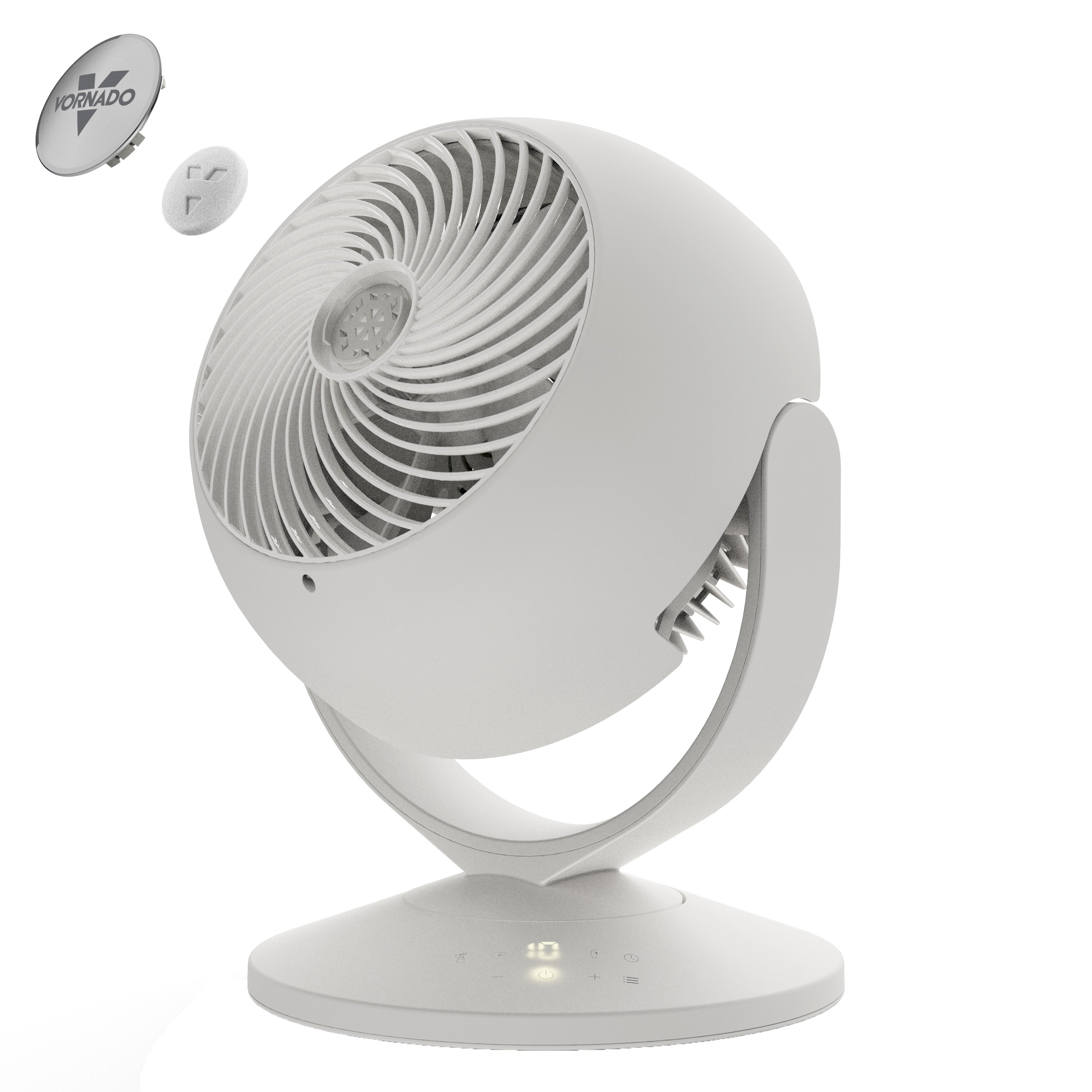 White desk fan with Vornado logo on a white background