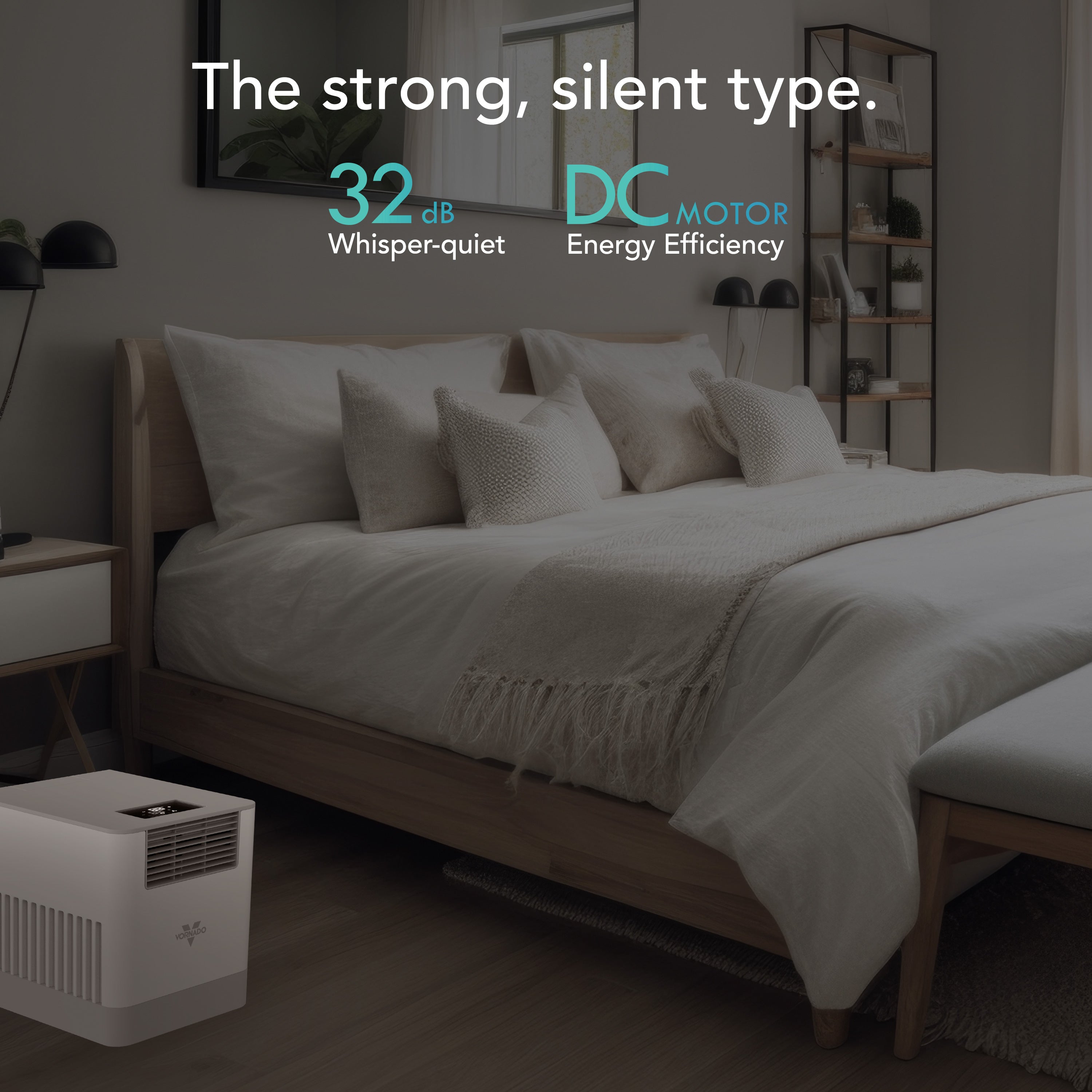 Bedroom with a white humidifier, bed, and nightstands.