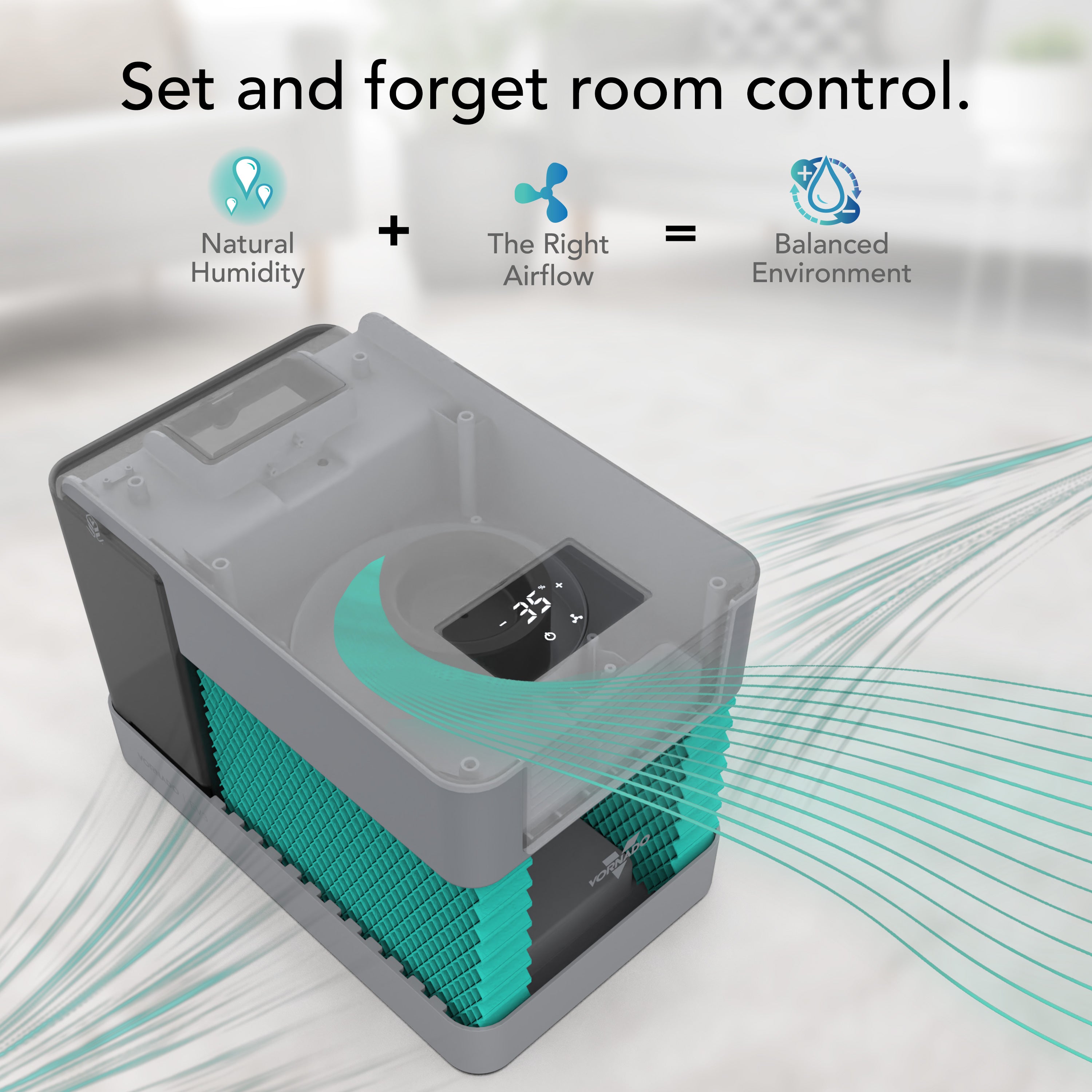 Humidifier unit with text 'Set and forget room control' and icons for natural humidity, right airflow, and balanced environment.