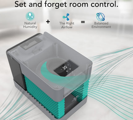 Humidifier unit with text 'Set and forget room control' and icons for natural humidity, right airflow, and balanced environment.