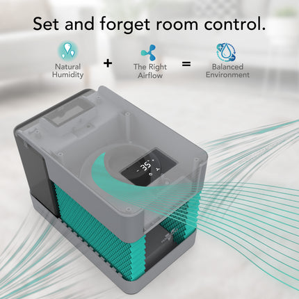 Humidifier unit with text 'Set and forget room control' and icons for natural humidity, right airflow, and balanced environment.
