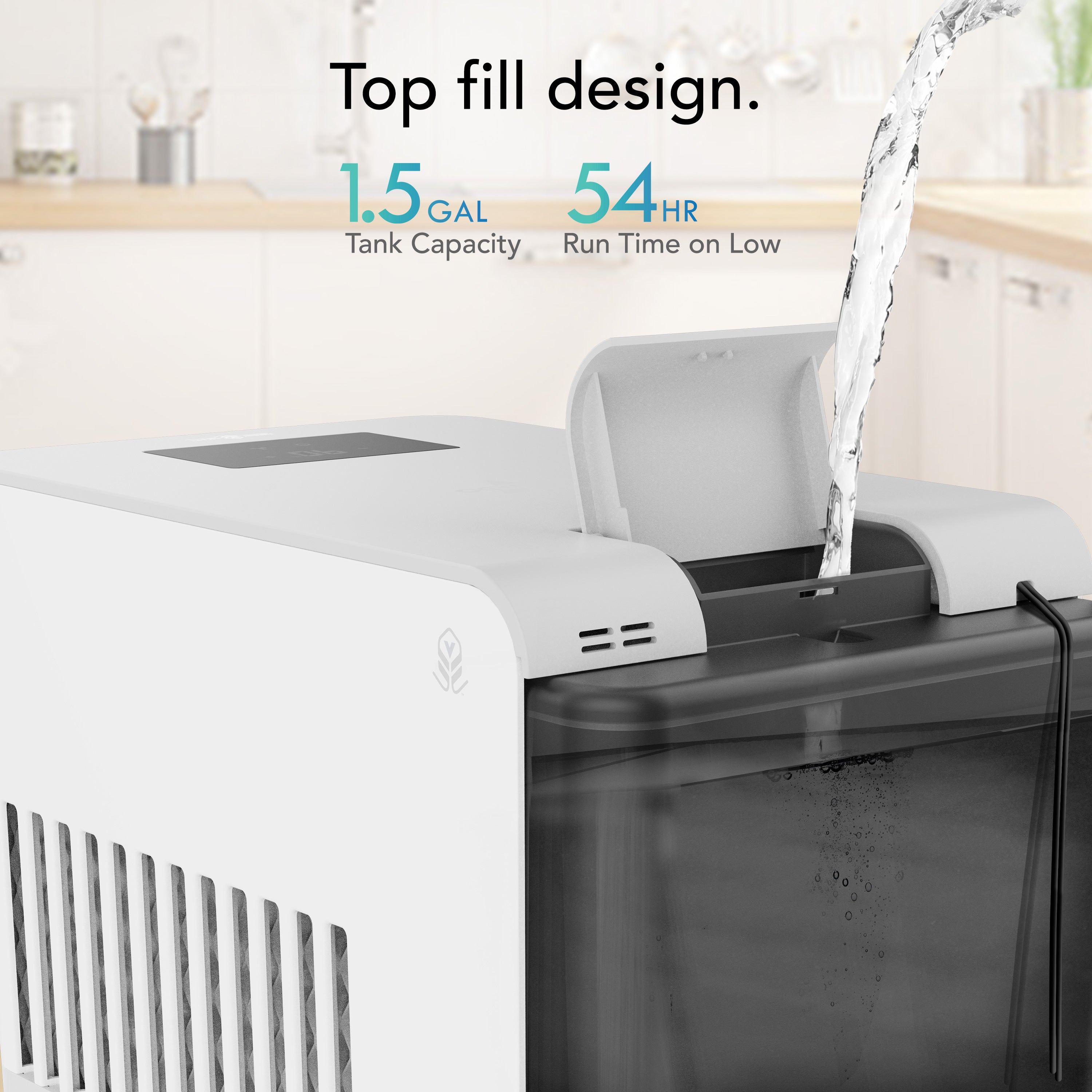 Top fill design of a water dispenser with tank capacity and run time information.