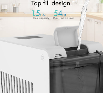 Top fill design of a water dispenser with tank capacity and run time information.