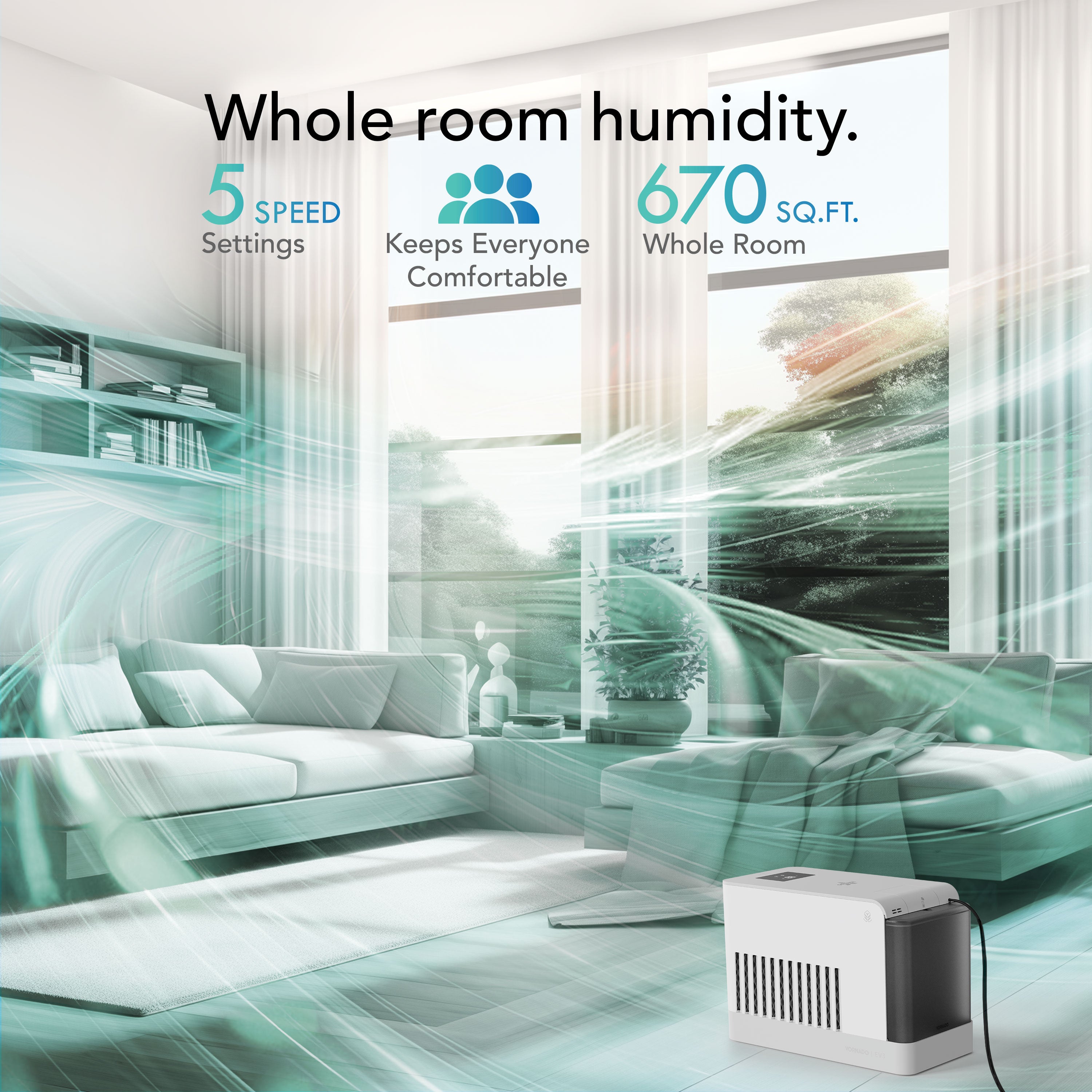 Air humidifier in a room with text highlighting features like speed settings and coverage area.