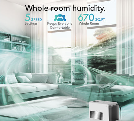 Air humidifier in a room with text highlighting features like speed settings and coverage area.