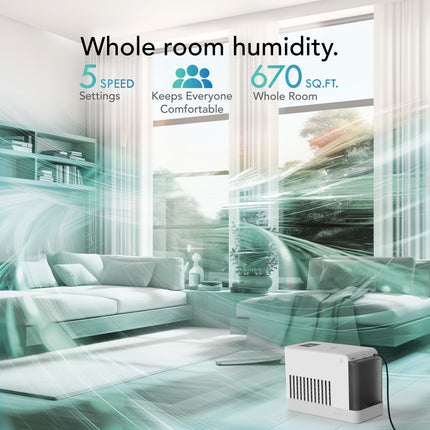Air humidifier in a room with text highlighting features like speed settings and coverage area.
