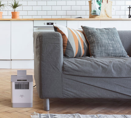 Gray sofa with decorative pillows in a living room setting with a humidifier