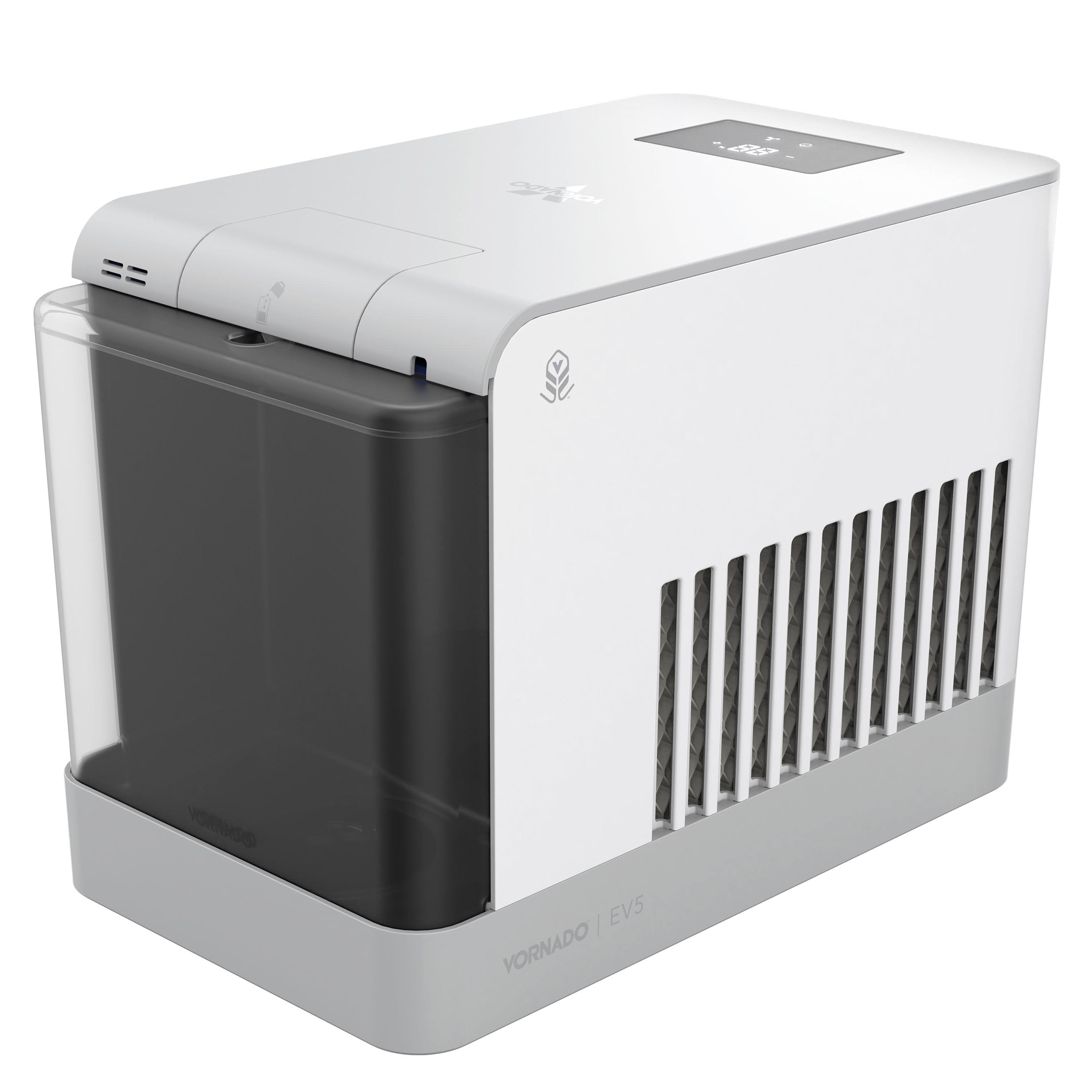 White and gray humidifier with a control panel on a white background