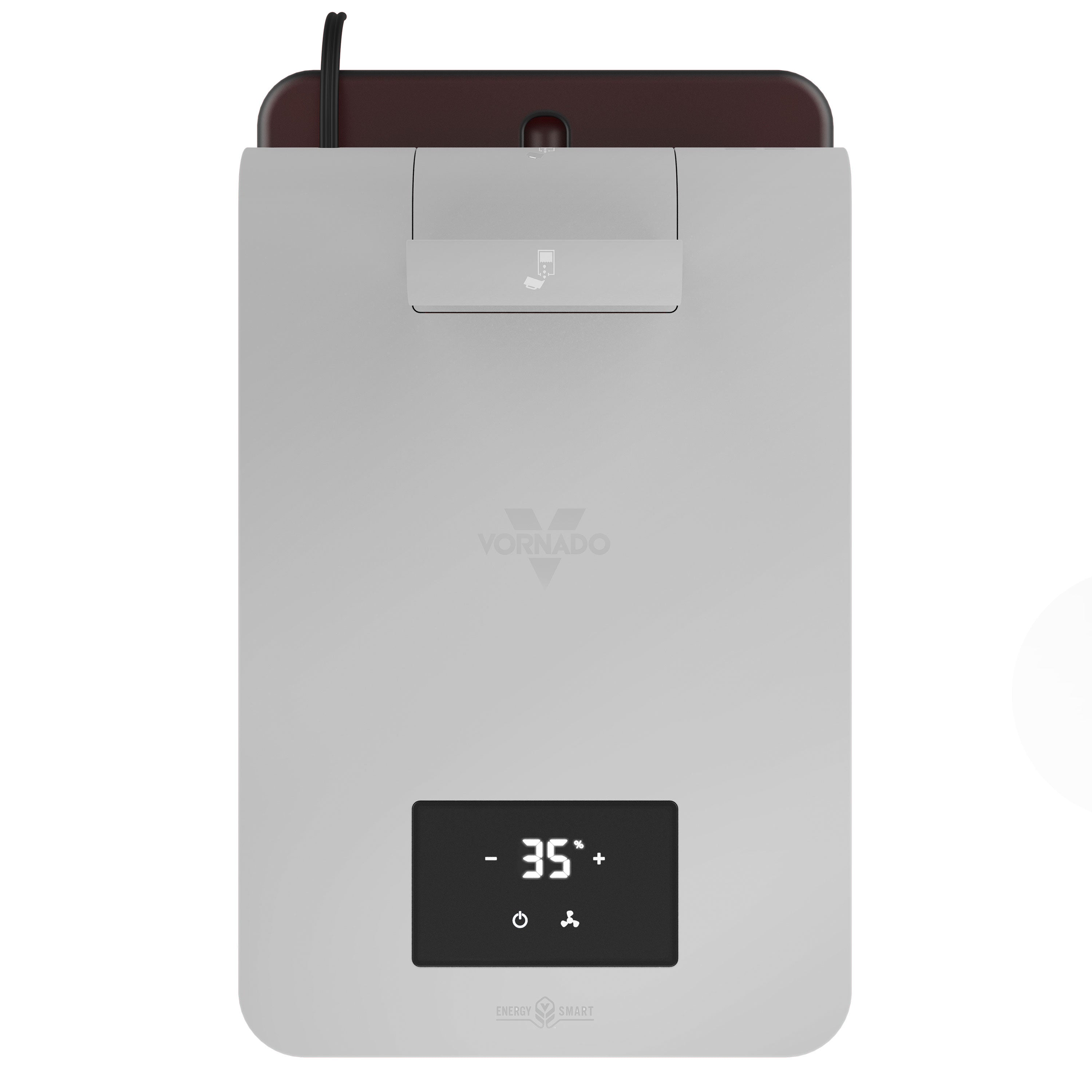 Gray humidifier with digital display on a white background