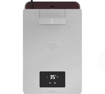Gray humidifier with digital display on a white background
