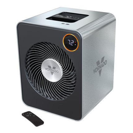 Vornado space heater with digital display and remote control on a white background