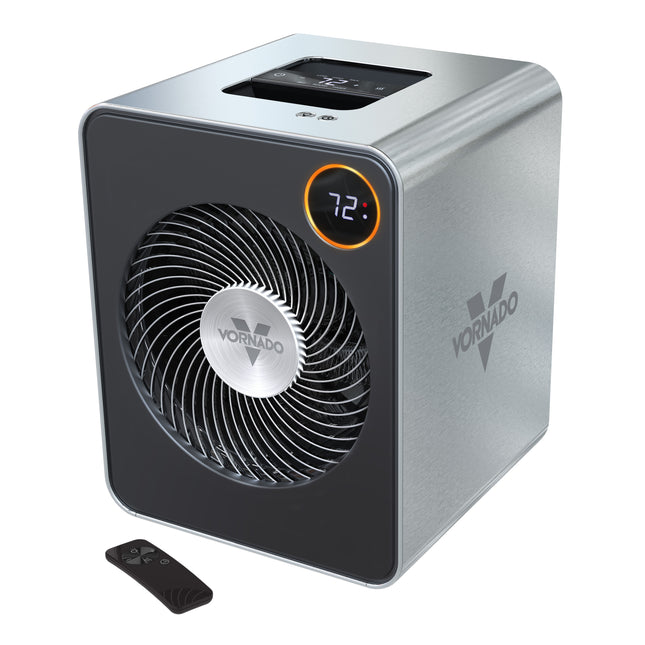 Vornado space heater with digital display and remote control on a white background