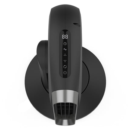 Black blower fan with digital controls on a white background