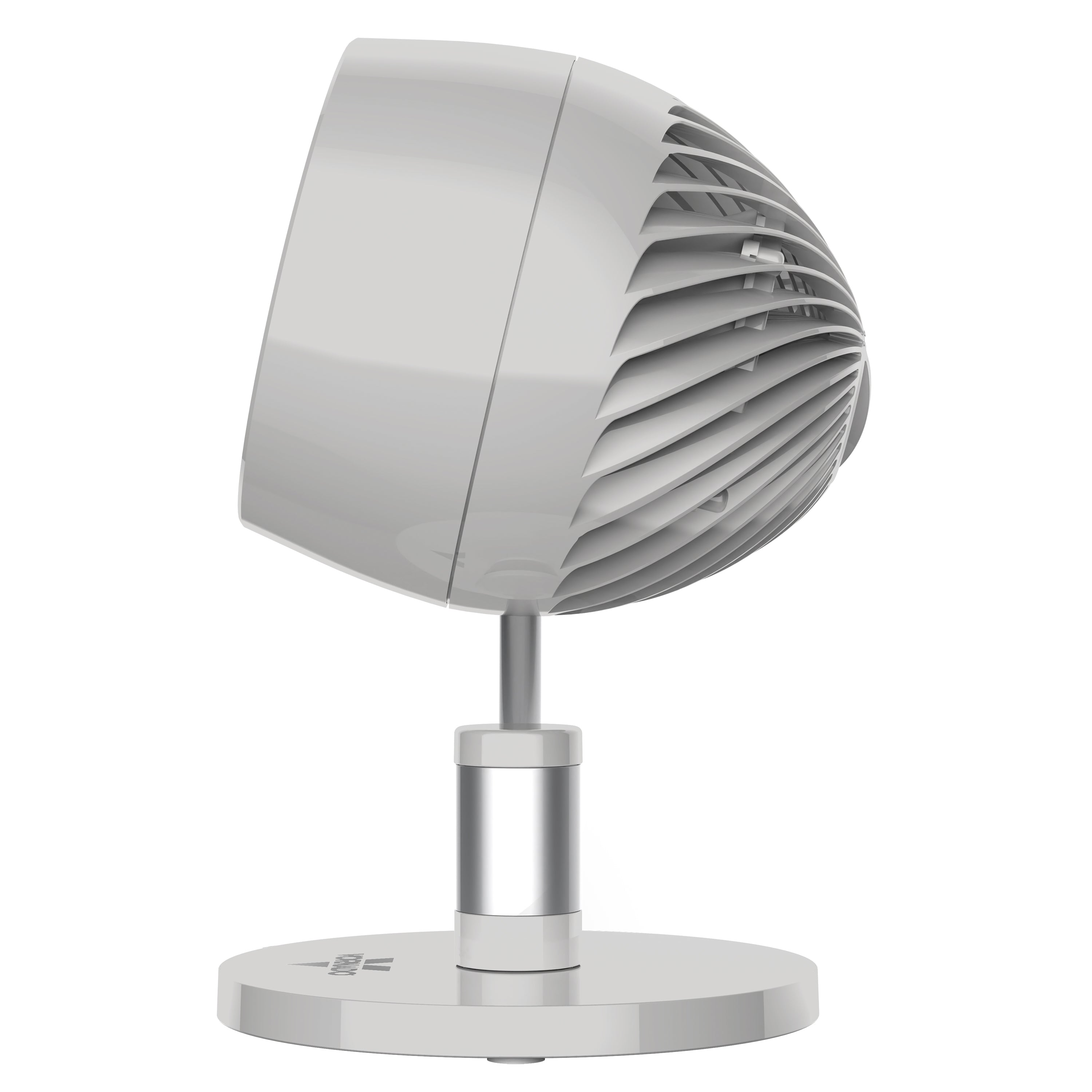 White and gray pivoting desk fan on a white background