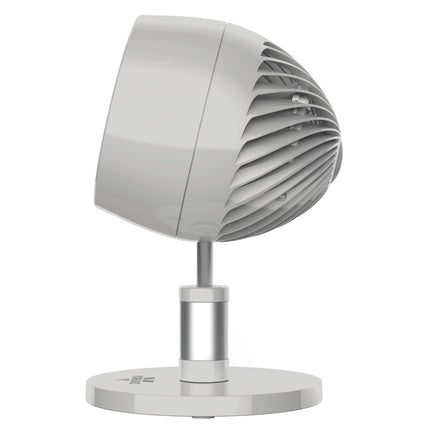 White and gray pivoting desk fan on a white background