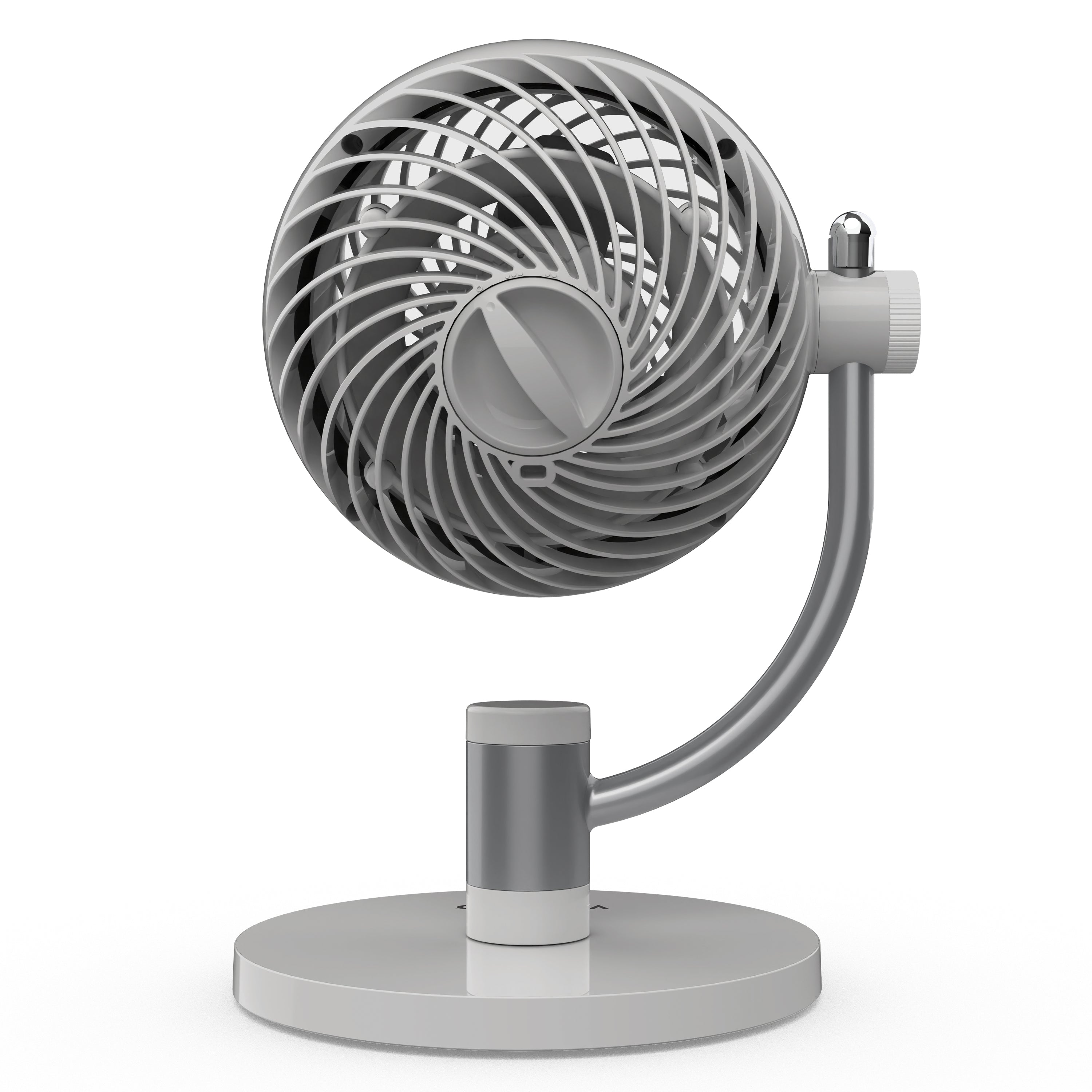 White and gray pivoting desk fan on a white background