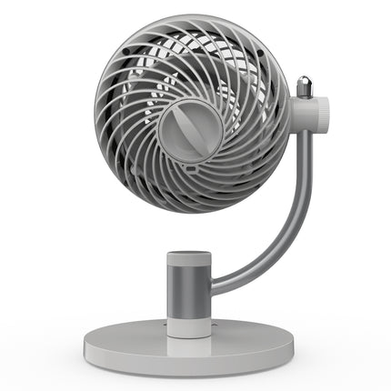 White and gray pivoting desk fan on a white background