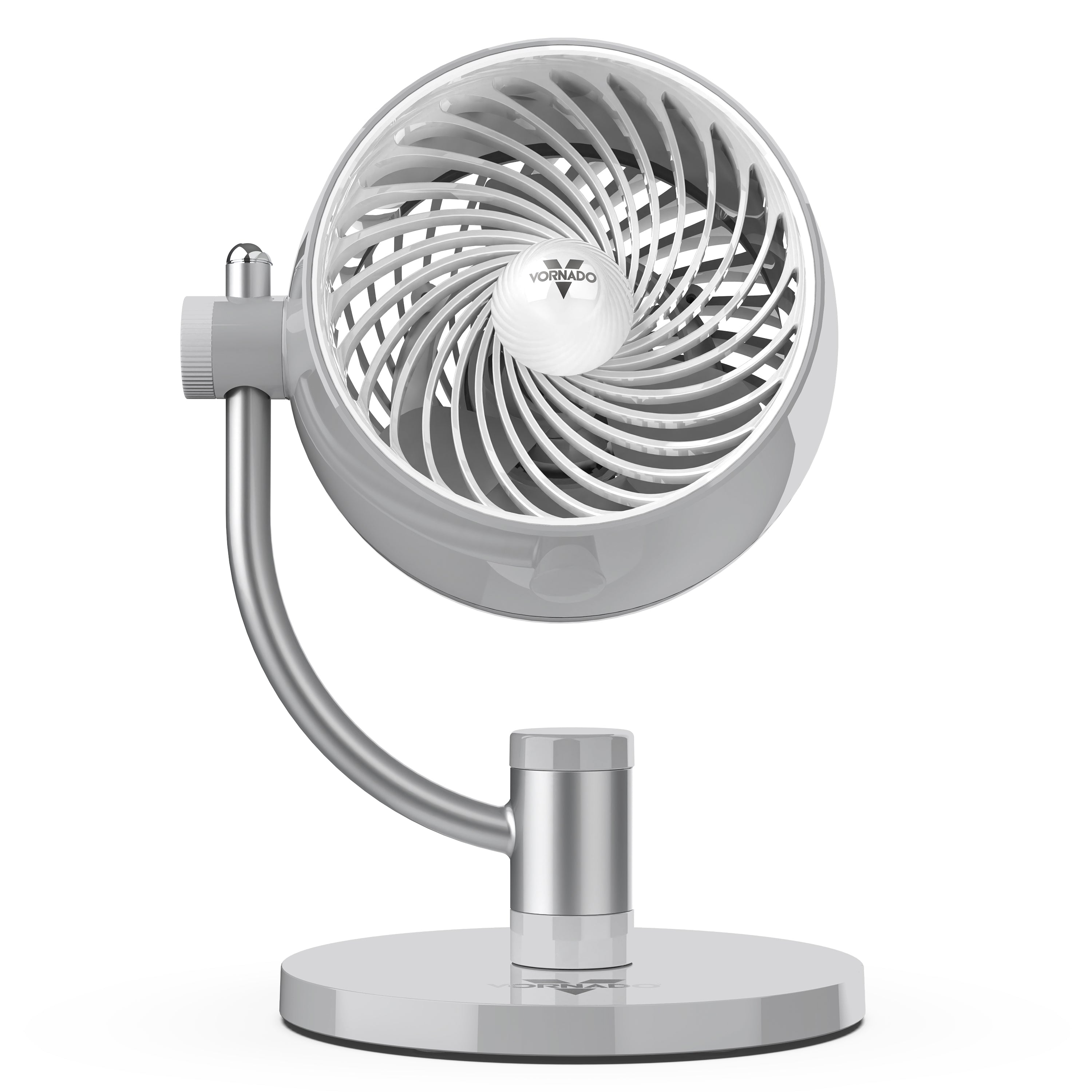 White and gray pivoting desk fan on a white background