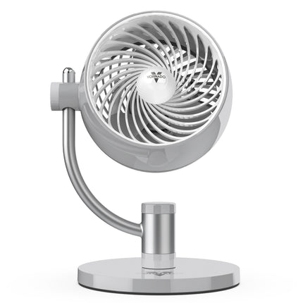 White and gray pivoting desk fan on a white background