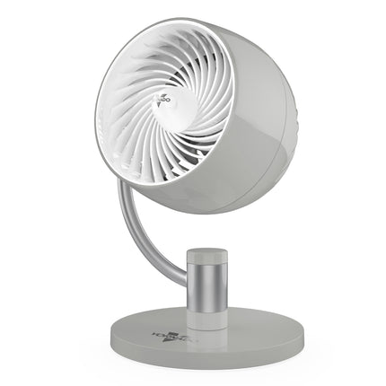 White and gray pivoting desk fan on a white background