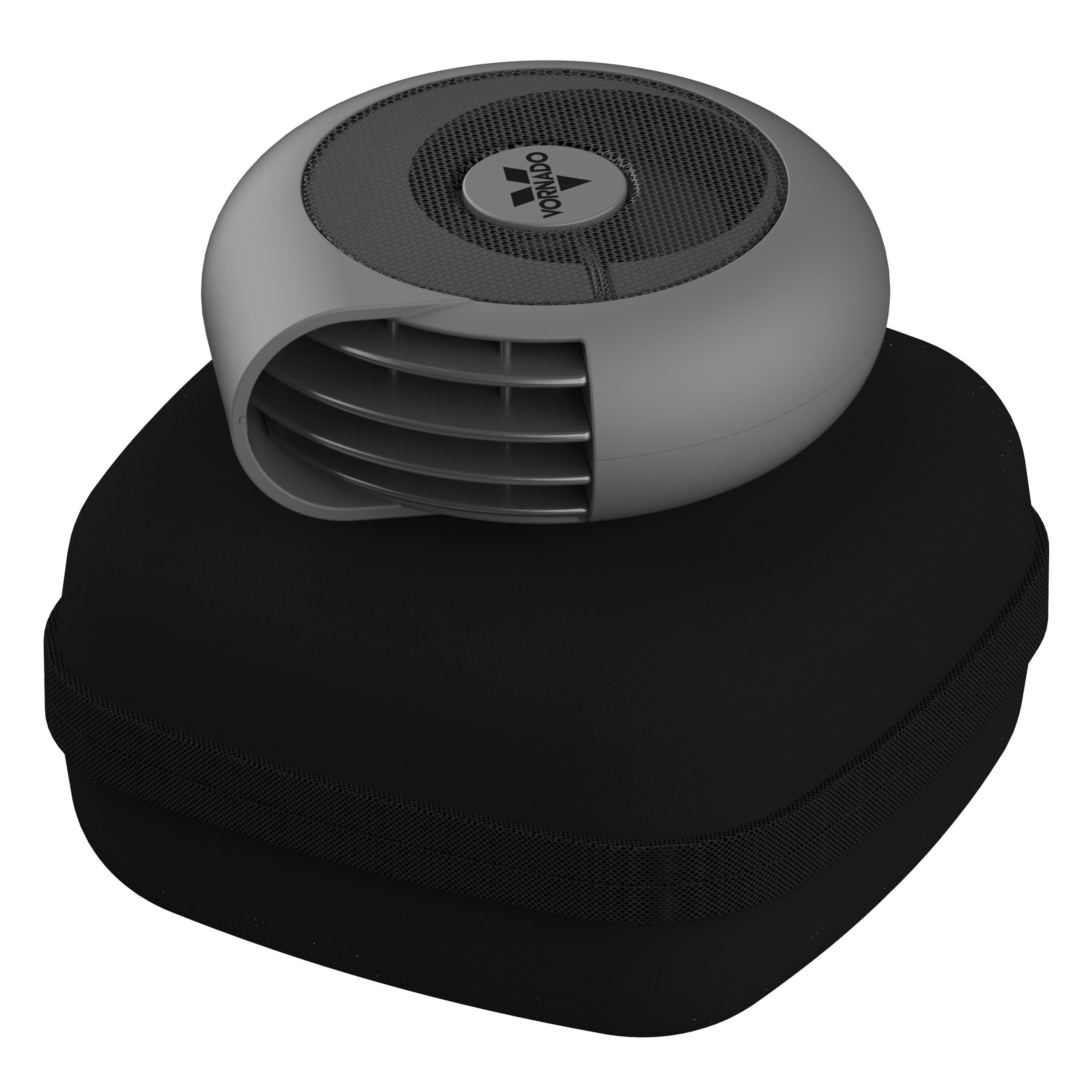 Black and gray portable fan with a brand logo on a white background
