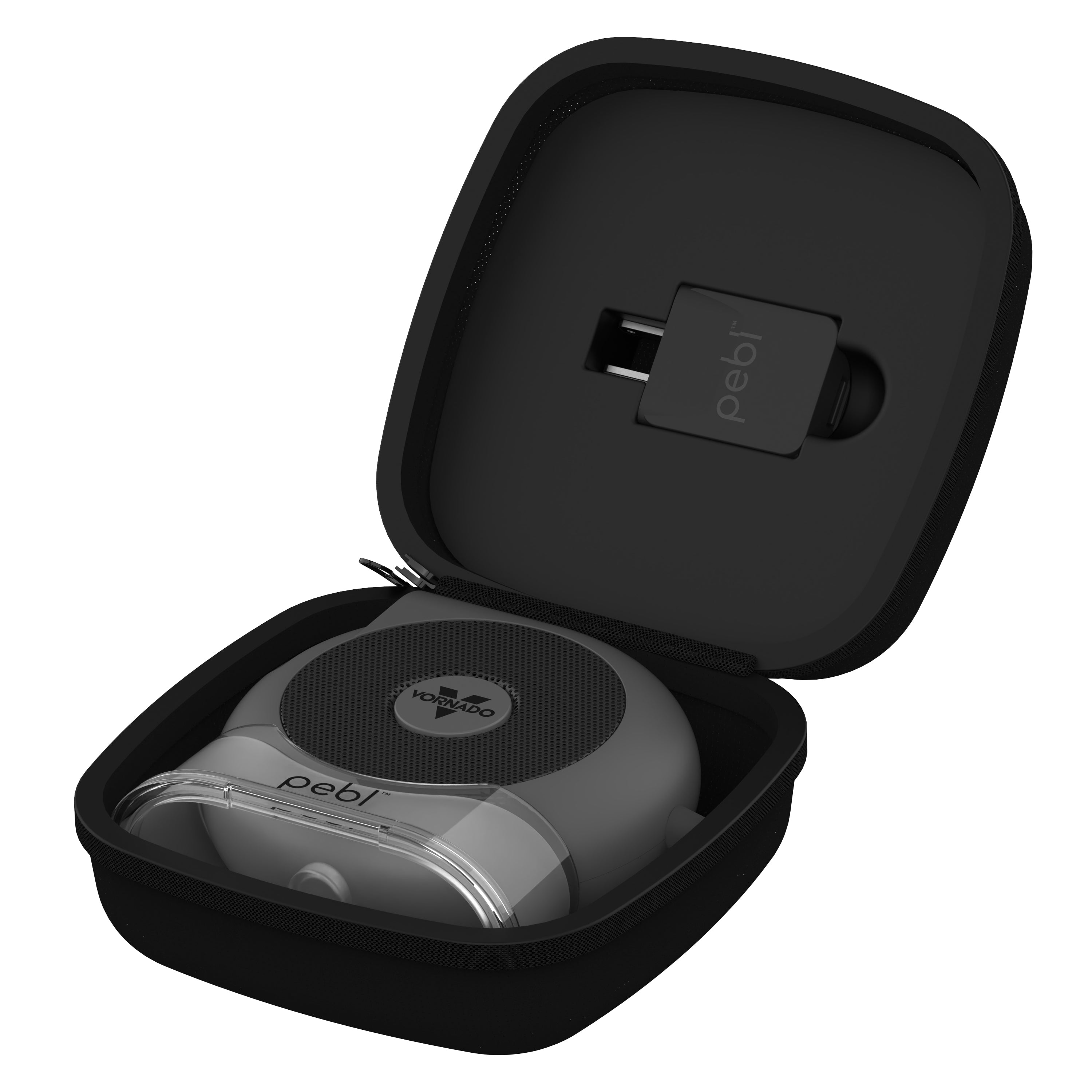 Portable pebl fan from Vornado featuring a power cord and black carry case