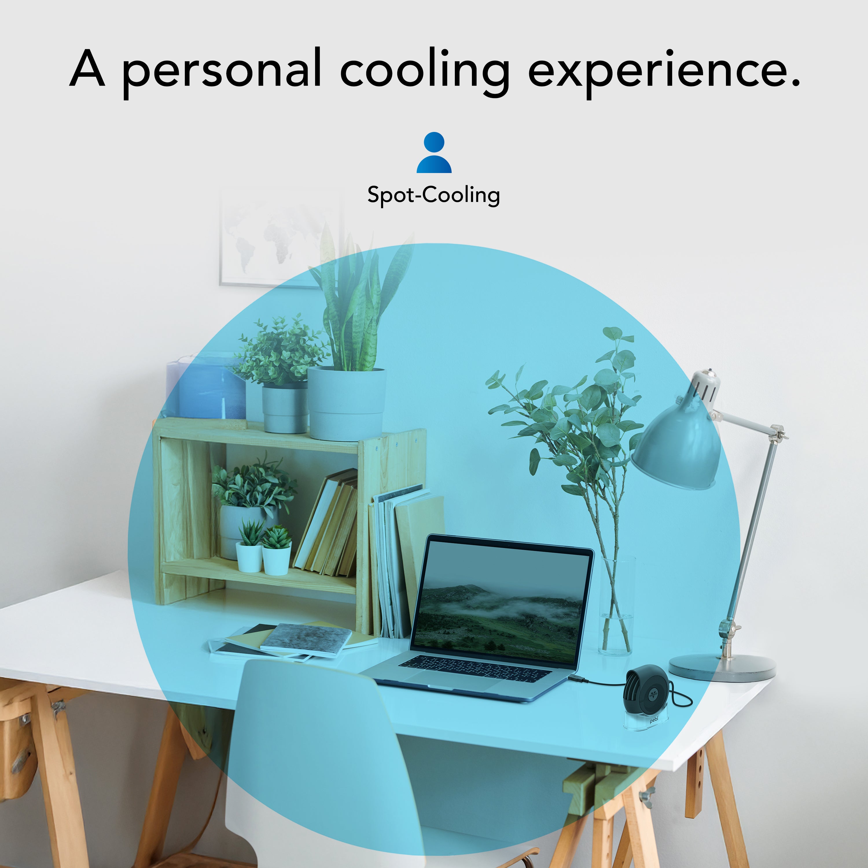 Modern office desk with laptop, books, and plants, featuring Spot-Cooling logo.