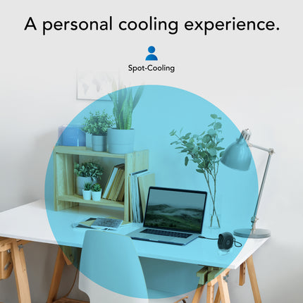 Modern office desk with laptop, books, and plants, featuring Spot-Cooling logo.