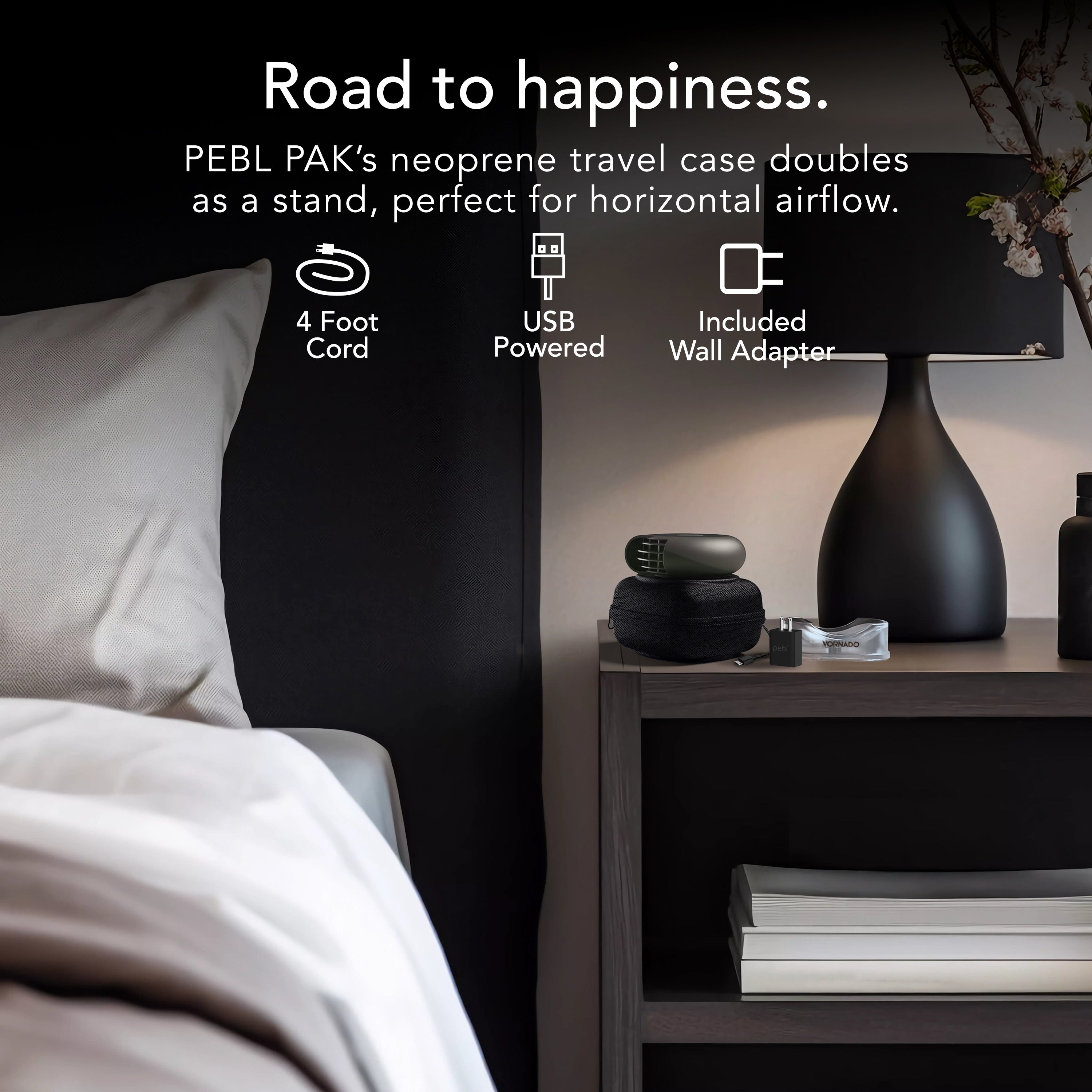 Bedroom scene with a nightstand featuring a black lamp and PEBL PAK product, with text highlighting features.