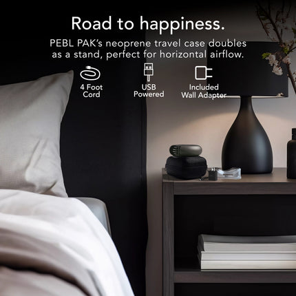 Bedroom scene with a nightstand featuring a black lamp and PEBL PAK product, with text highlighting features.