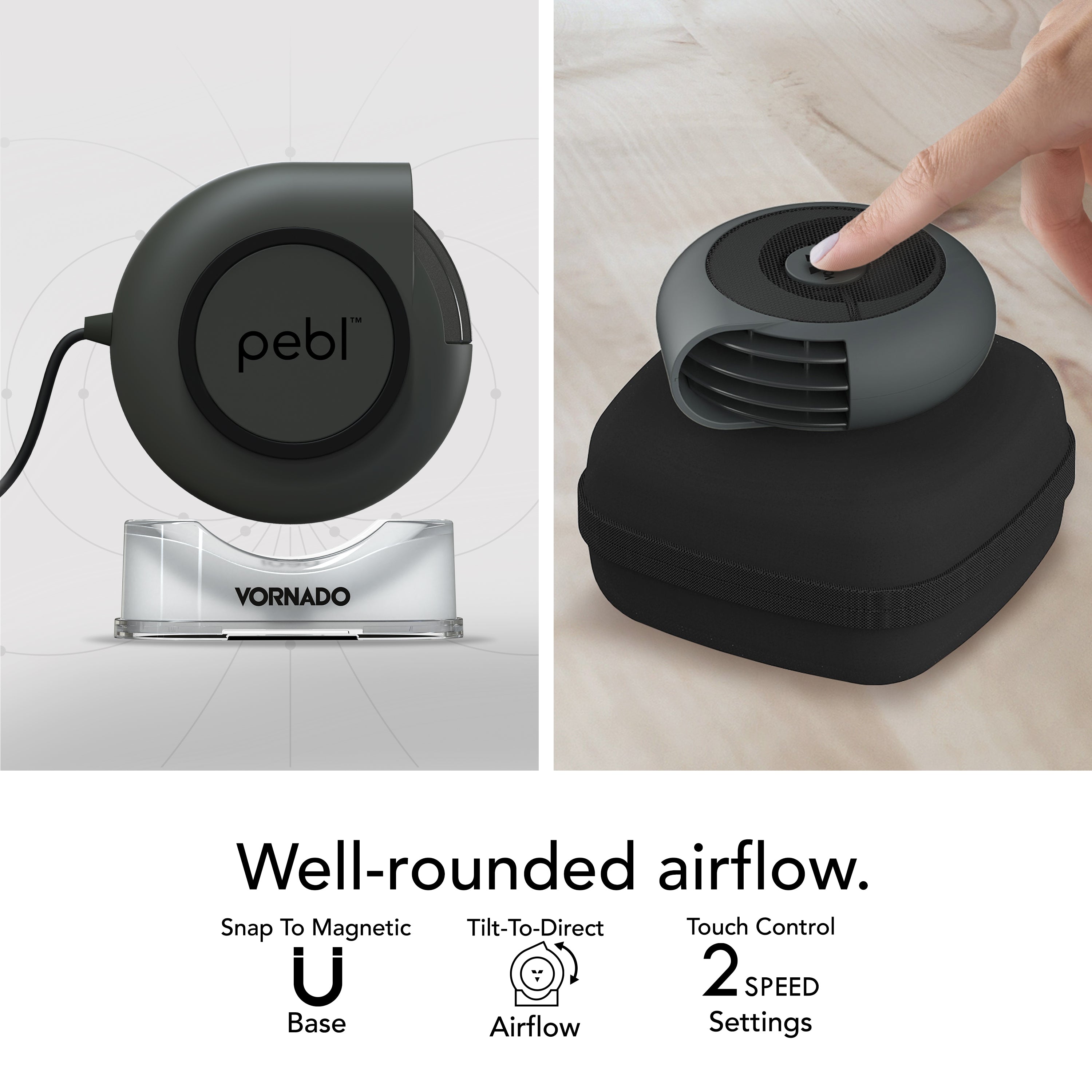 Portable fan with 'pebl' branding on a white background, showing features like magnetic base and touch control.