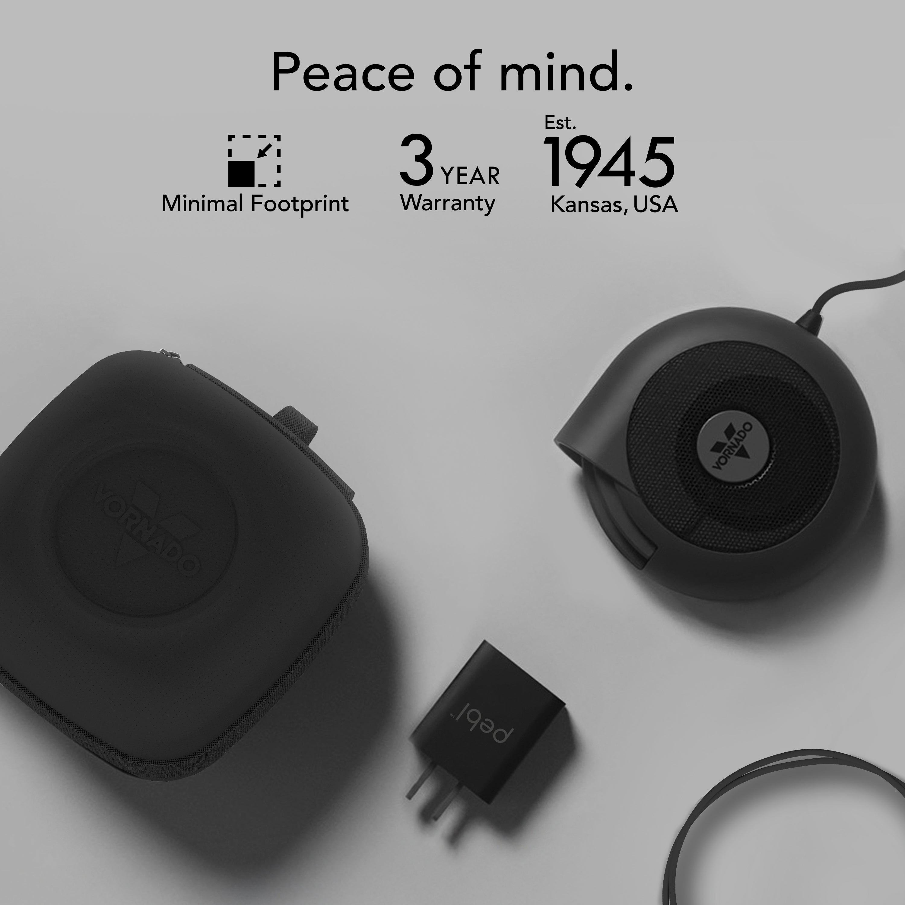 Black electronic devices with 'pebl' branding on a gray background, featuring text about minimal footprint, warranty, and location.