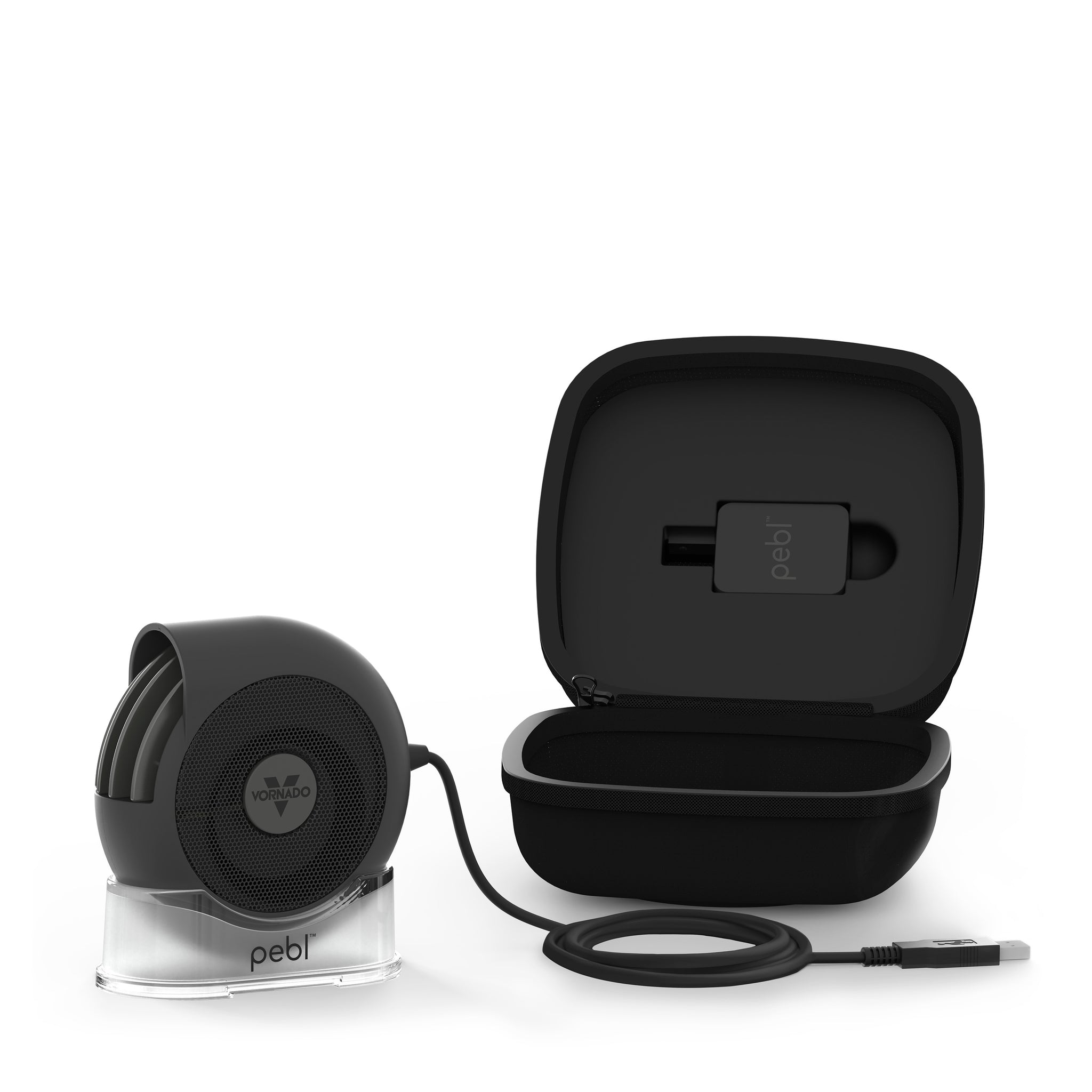 Portable pebl fan from Vornado featuring a power cord and black carry case