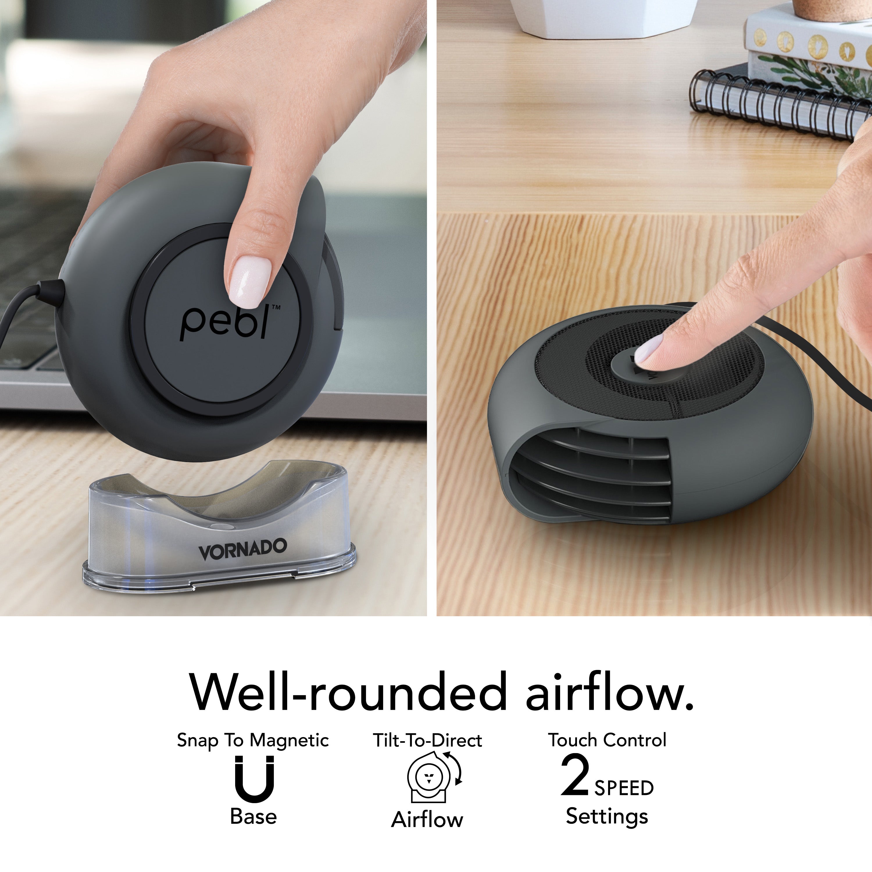 Portable fan with 'pebl' branding on a wooden surface, showing features like magnetic base and touch control.