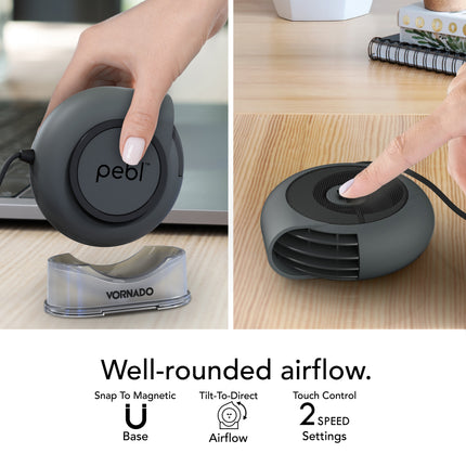 Portable fan with 'pebl' branding on a wooden surface, showing features like magnetic base and touch control.