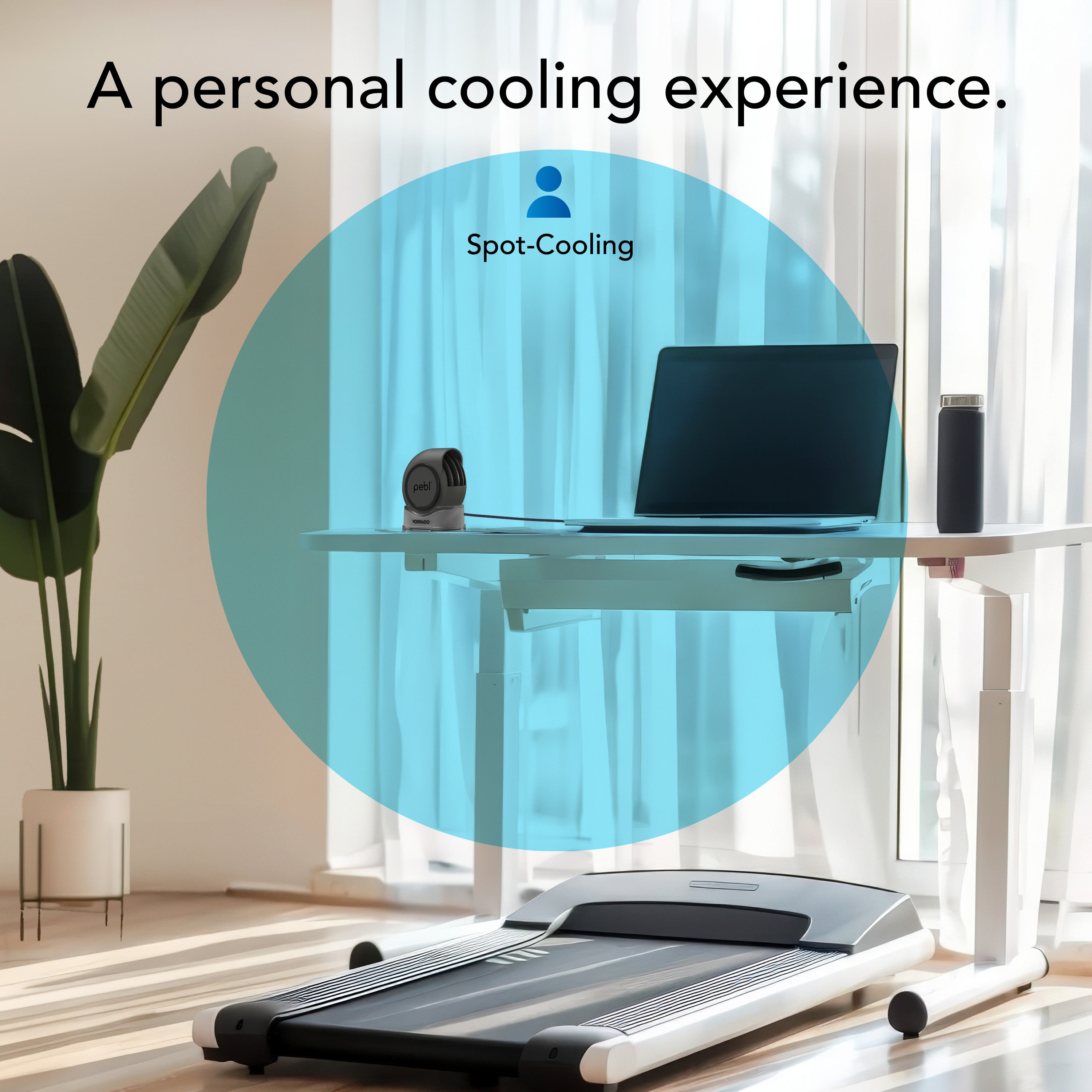 Personal cooling device on a desk with a laptop, surrounded by a blue circle with 'Spot-Cooling' branding.