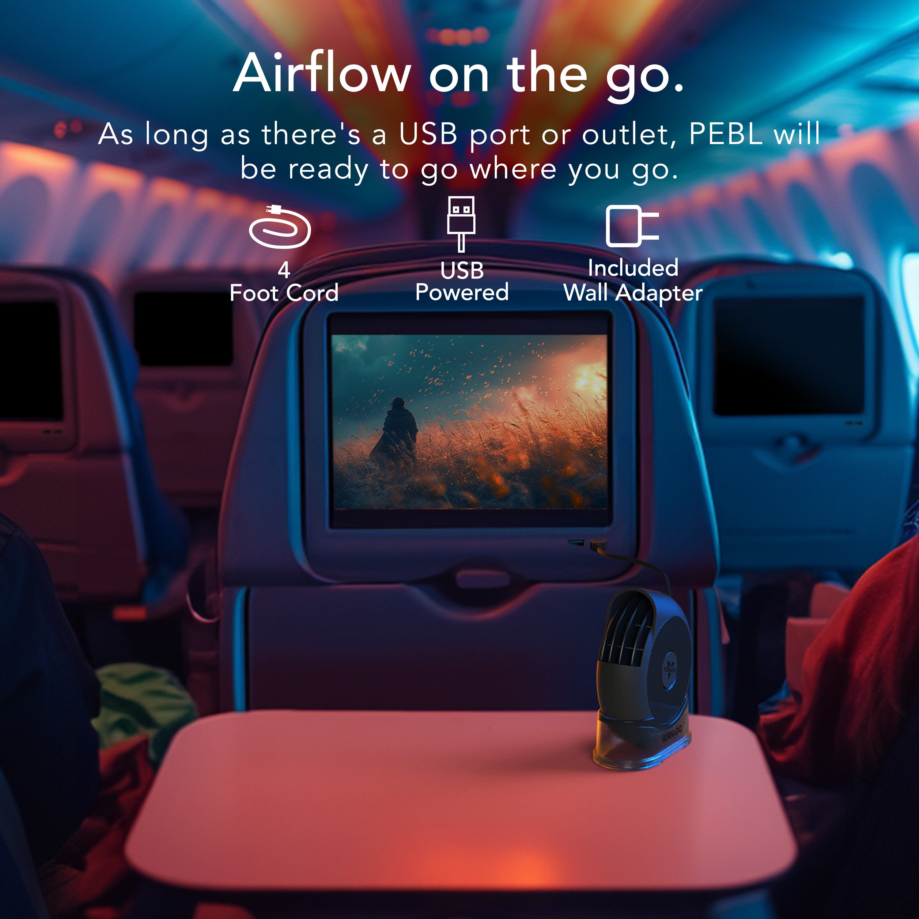 Airplane entertainment screen with USB power adapter for pebl fan on a vehicle seat, displaying 'Airflow on the go.'
