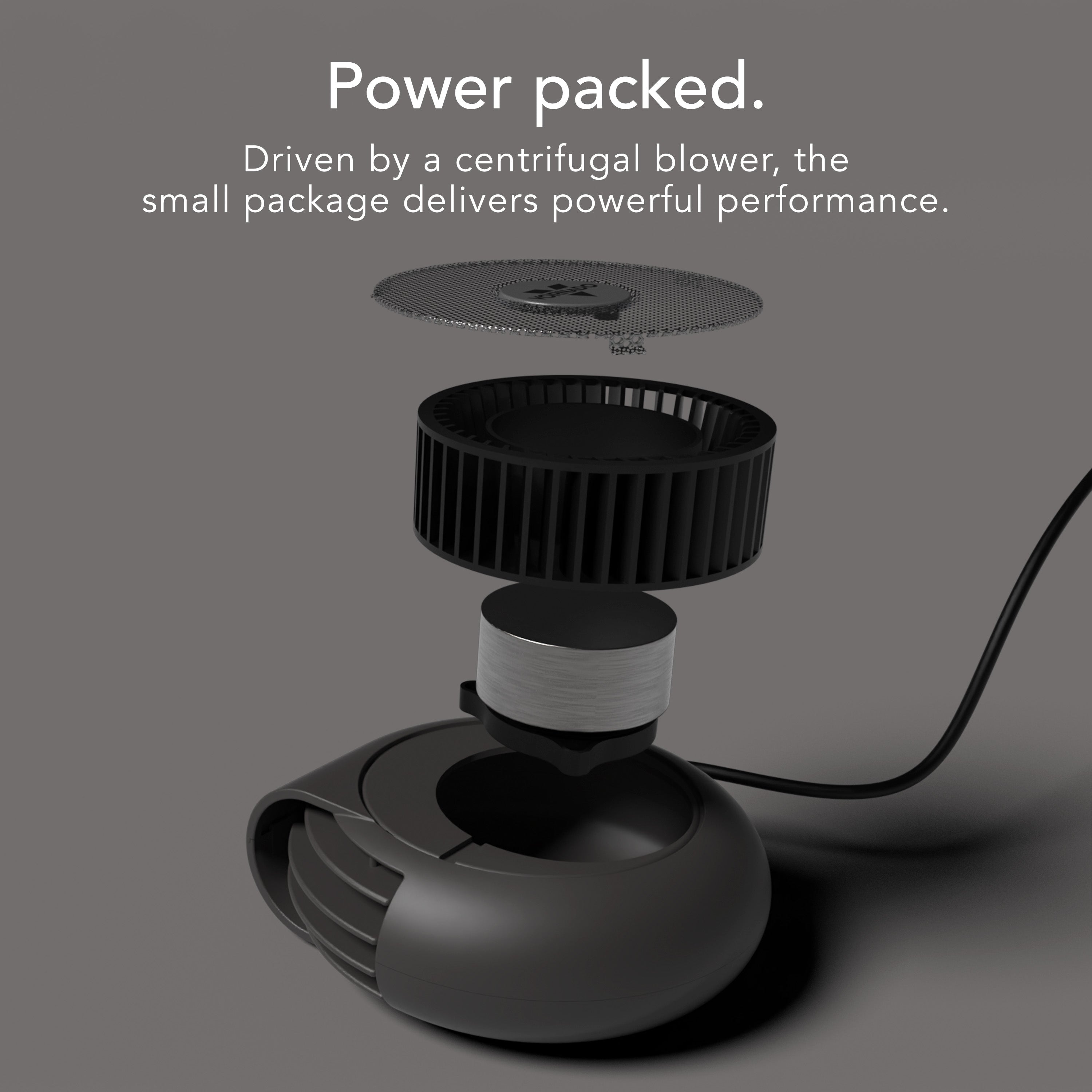 Black centrifugal blower with text highlighting its power and performance on a gray background