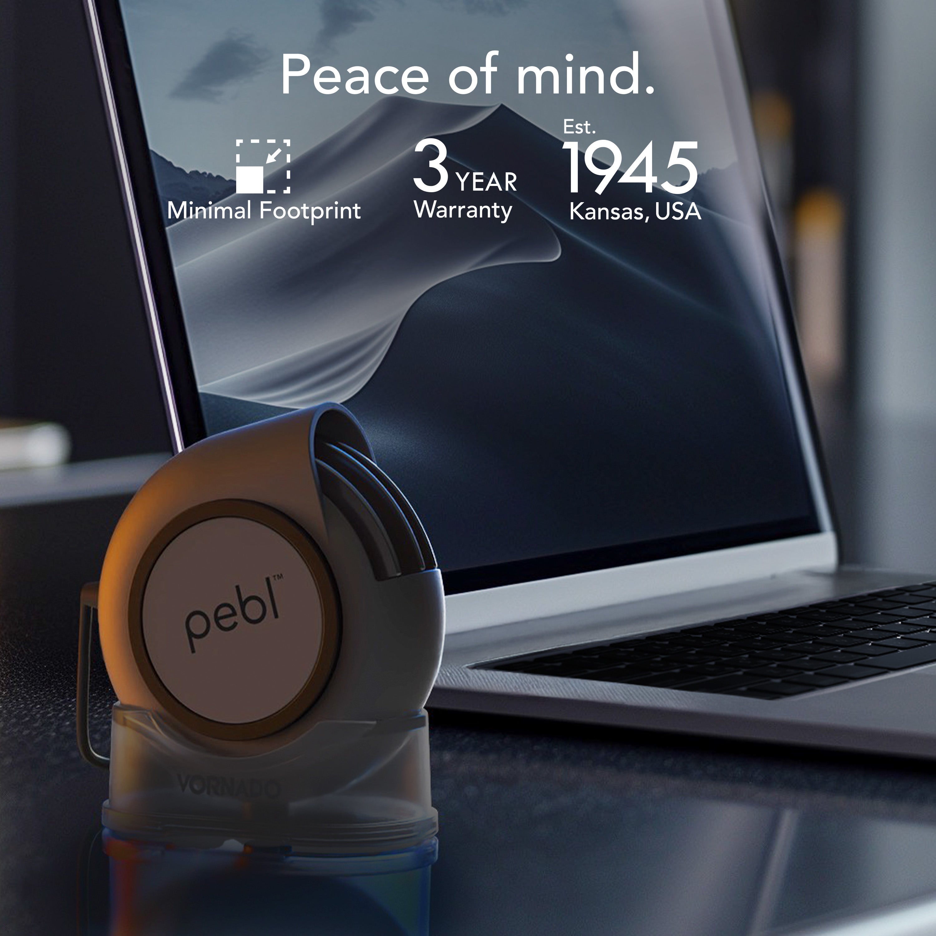 Pebl product with laptop in the background on a desk