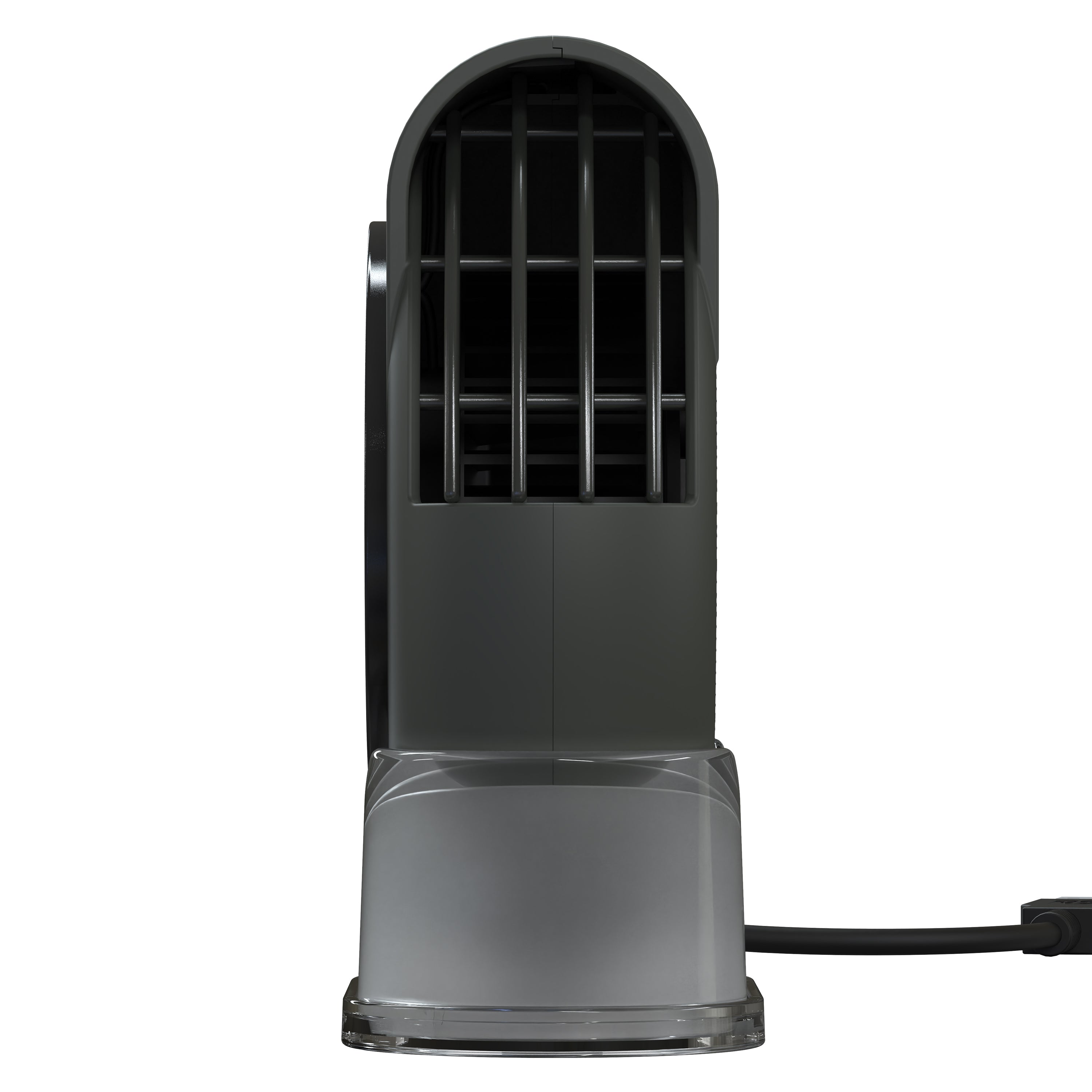Gray pebl Vornado fan with power adapter on a white background