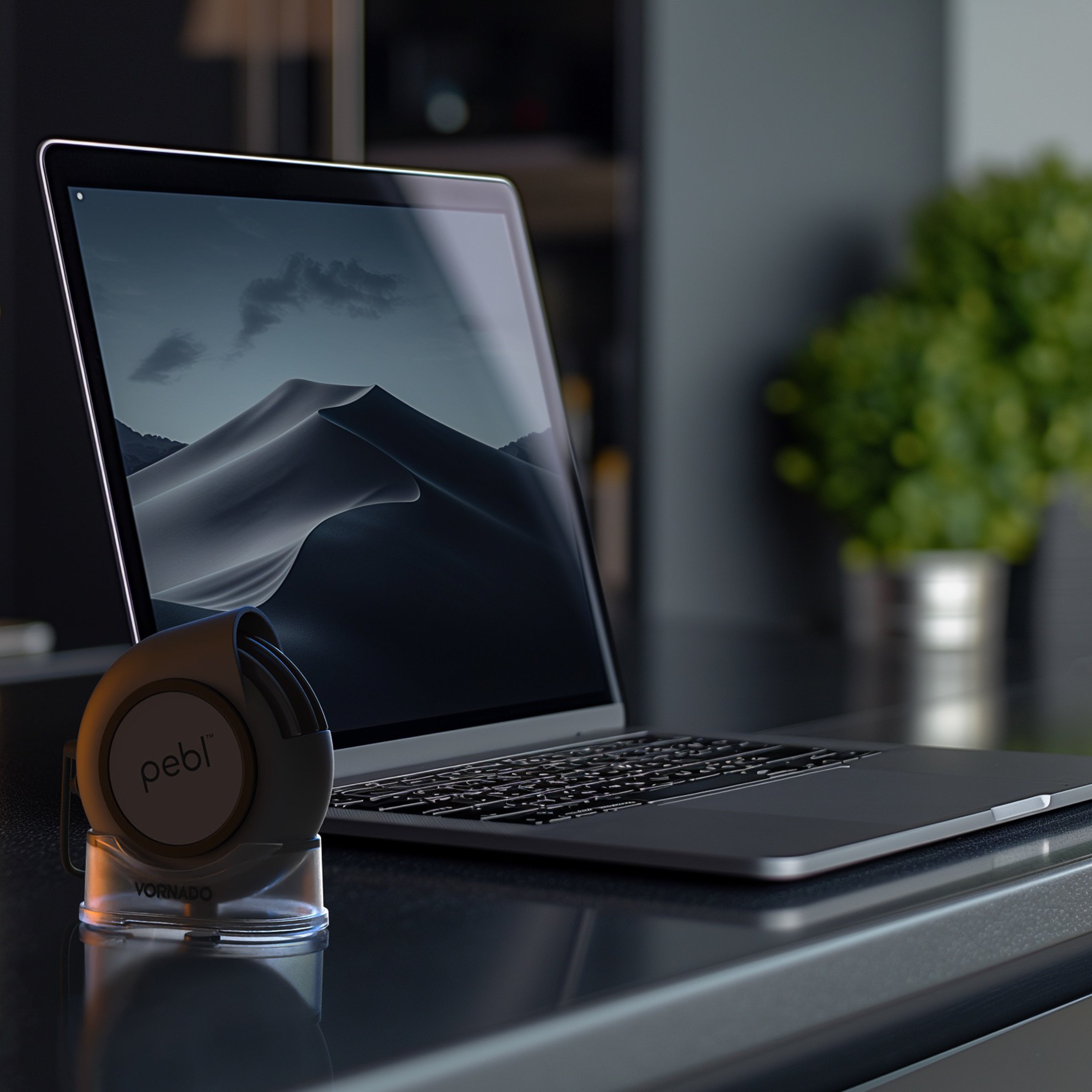Laptop on a desk with a pebl product in the foreground