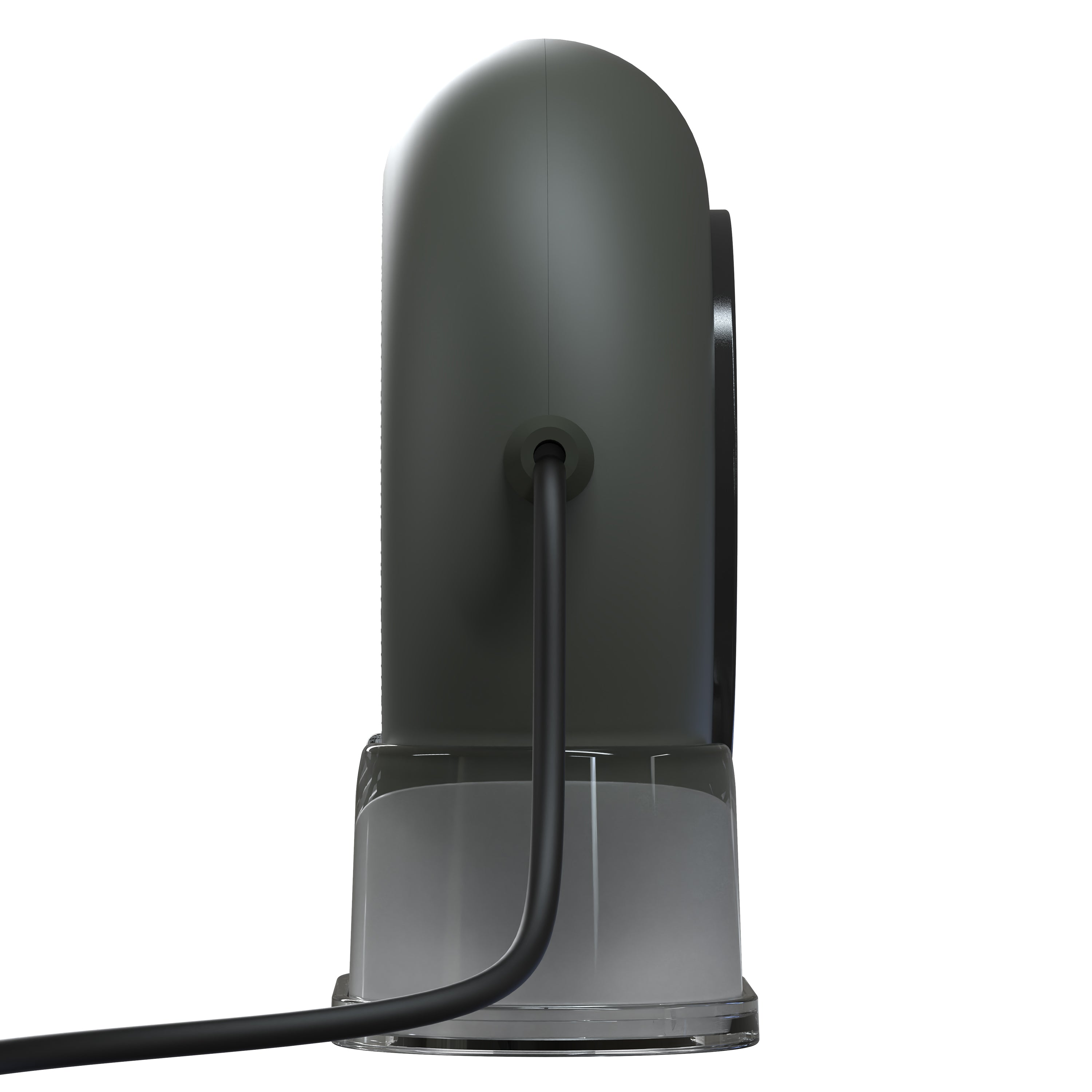 Dark gray electronic device with a cable on a white background