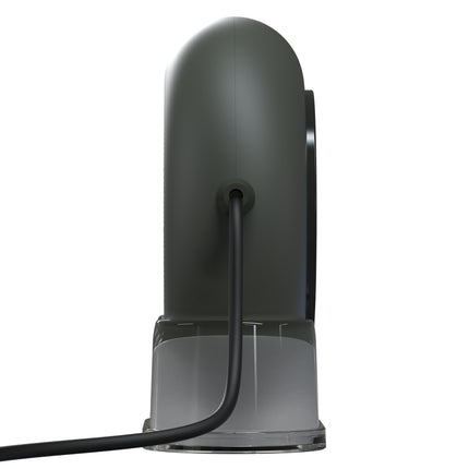 Dark gray electronic device with a cable on a white background