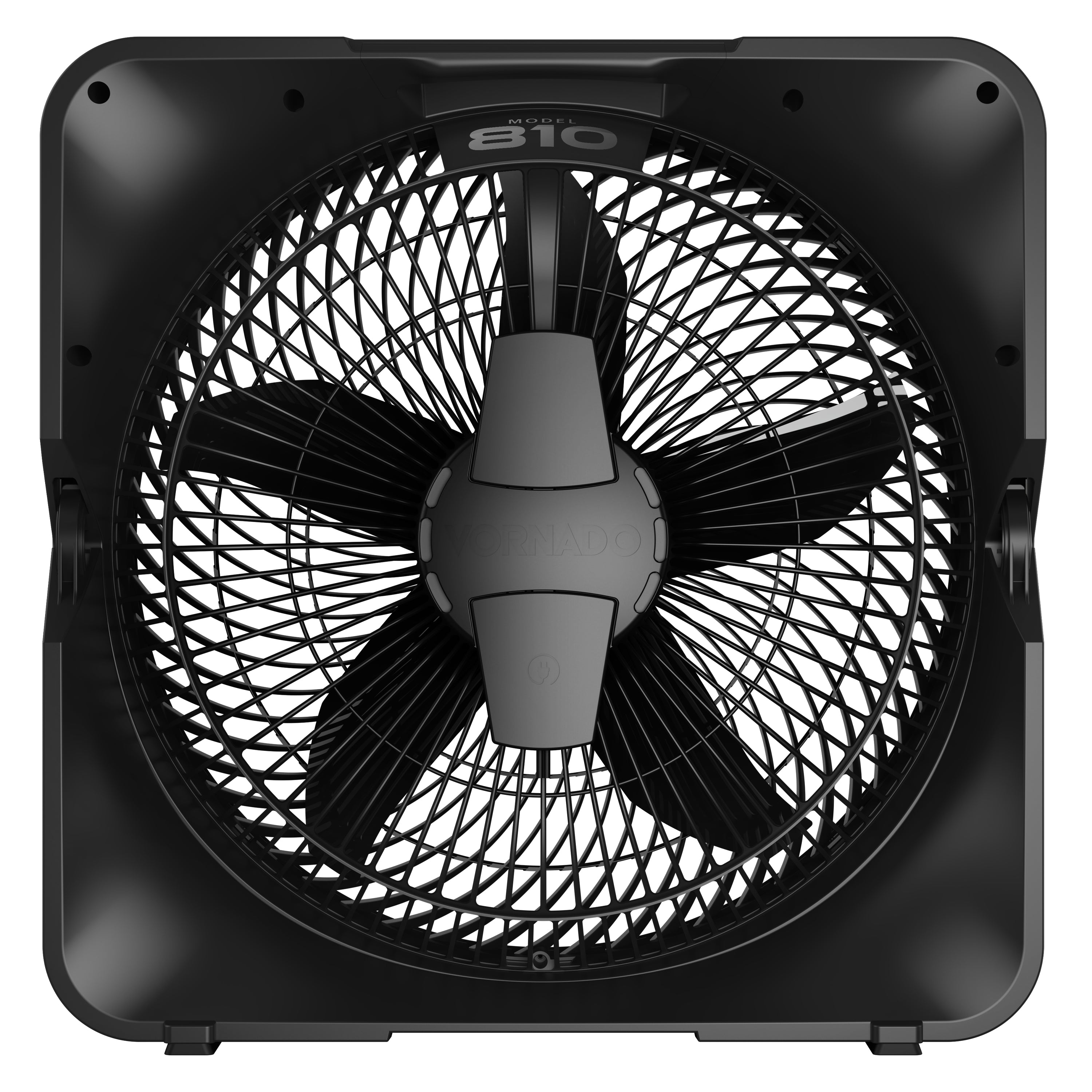 Black Vornado box fan with a kickstand on a white background
