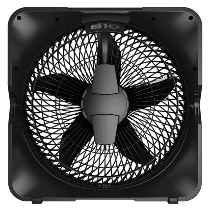 Black Vornado box fan with a kickstand on a white background