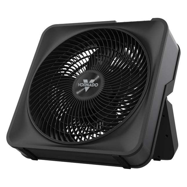 Black Vornado box fan with a kickstand on a white background